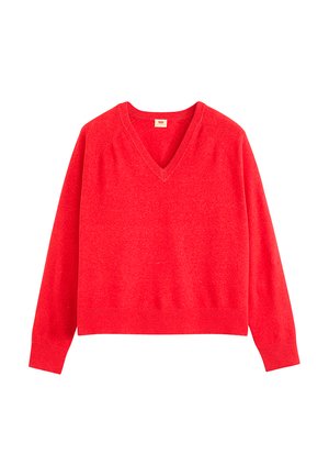 Pull rouge à col en V avec des manches longues, des poignets côtelés et une coupe décontractée. Fabriqué en matériau doux avec une texture lisse. Pas de motifs ni d'accents.