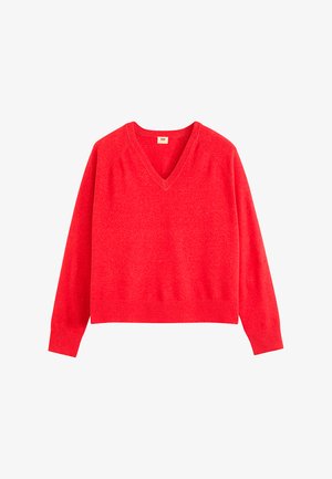 Pull rouge à col en V avec des manches longues, des poignets côtelés et une coupe décontractée. Fabriqué en matériau doux avec une texture lisse. Pas de motifs ni d'accents.
