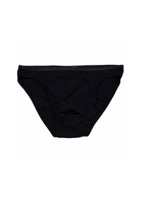 Slip bikini neri realizzati in tessuto elastico, con una texture liscia, vita elastica e senza motivi o elementi visibili.