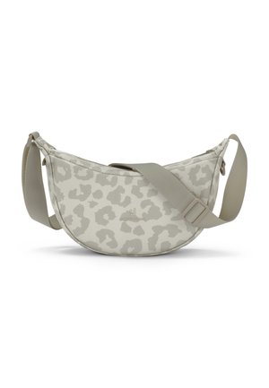Geantă crossbody bej deschis cu curea reglabilă, formă rotunjită și model subtil cu imprimeu animalier pe material. Nicio persoană prezentă.