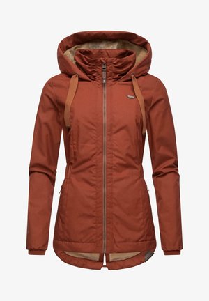 Rust-colored jacket featuring a zip front, adjustable hood, and two side pockets. Made from weather-resistant material with a soft lining.
