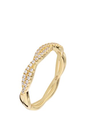 Goldener gedrehter Bandring mit zwei Reihen kleiner klarer Edelsteine und 925 Silberstempel innen im Ring.