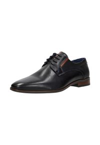 Zwarte leren nette schoen met een ronde neus, gestructureerde zijkanten, bruine accenten en veters. Gladde afwerking en een lage hak.