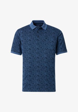 Marineblaues Poloshirt mit Blättermuster, kurzen Ärmeln und weichem Kragen. Verfügt über zwei Knöpfe an der Knopfleiste und strukturiertem Stoff.