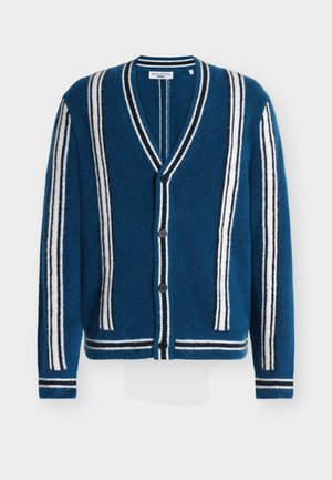 Blauer Wollcardigan mit V-Ausschnitt, schwarz-weißen vertikalen Streifen und Knopfverschluss. Weiche Textur mit gerippten Akzenten.