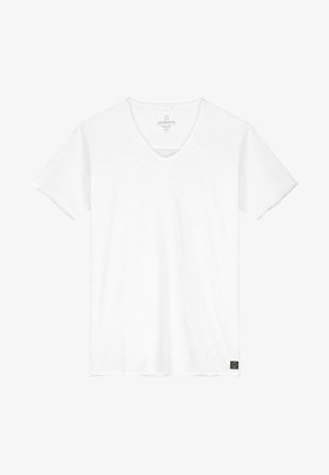 Valge V-kaelusega T-särk, mis on valmistatud kergest kangast. Omab lühikesi varrukasid ja õmblustega ääre ning väike must logo sildike asub all vasakul.