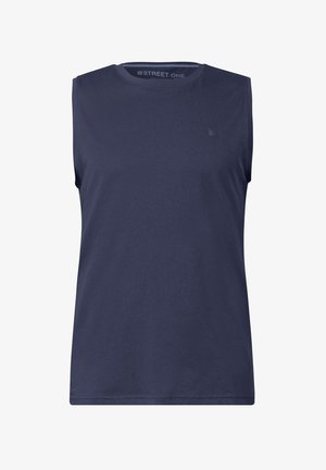 Marineblauw mouwloos topje van zachte katoen, met een ronde halslijn en een klein logo aan de linkerkant van de voorkant. Eenvoudig design.