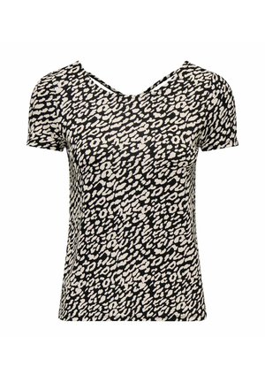 Kurzärmeliges Oberteil in einem schwarz-cremefarbenen Leopardenmuster mit V-Ausschnitt und weichem, strukturiertem Stoff. Legere Passform und glatte Oberfläche.