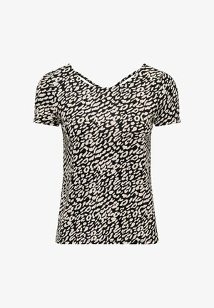 Kurzärmeliges Oberteil in einem schwarz-cremefarbenen Leopardenmuster mit V-Ausschnitt und weichem, strukturiertem Stoff. Legere Passform und glatte Oberfläche.