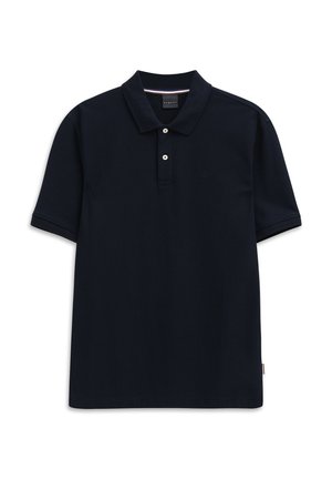 Navy blue short-sleeve polo shirt with two white buttons, classic collar, and subtle embossed logo on the chest.