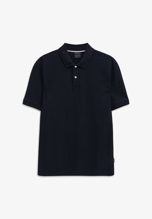Navyblaues kurzärmliges Polohemd mit zwei weißen Knöpfen, klassischem Kragen und dezent geprägt Logo auf der Brust.