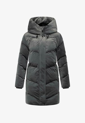 Hosszú, sötétszürke, párnázott télikabát nagy kapucnival, elöl cipzárral és patentos zárással, amely a meleget és a szigetelést szolgálja.