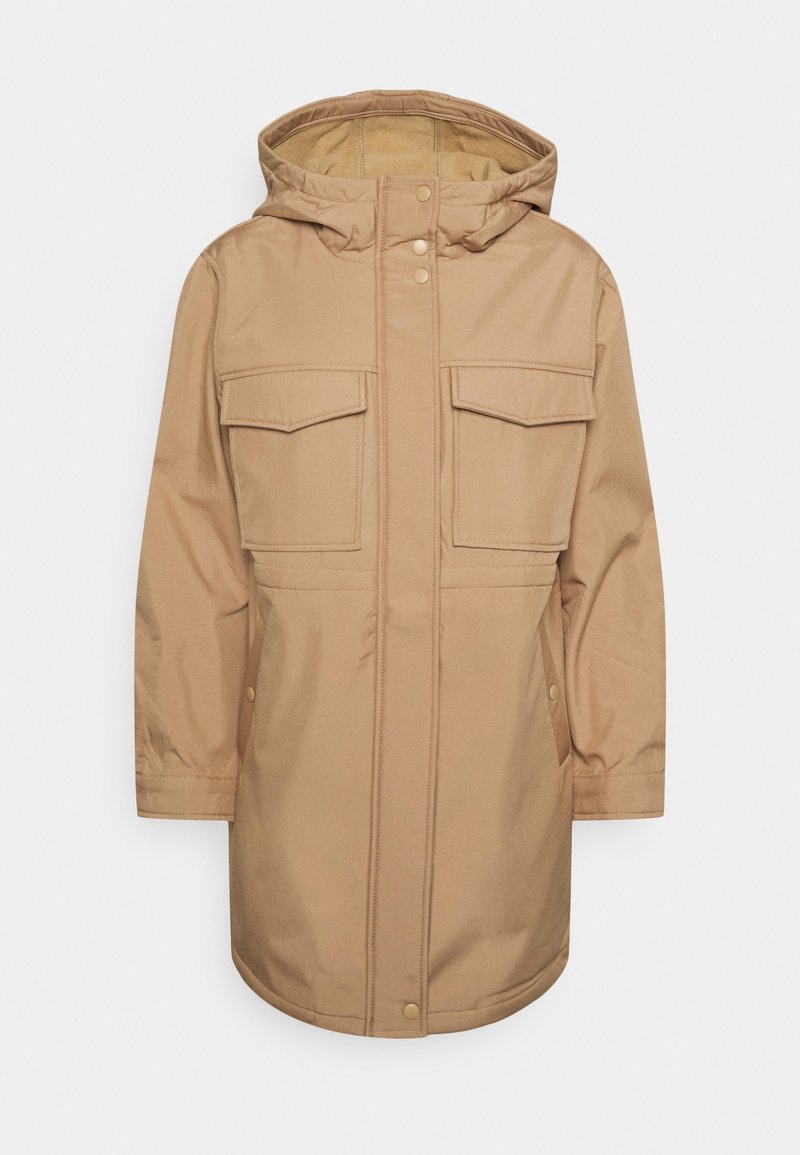 Parka à capuche beige avec boutons-pression à l'avant, deux grandes poches poitrine à rabat, et poches latérales, conçue pour temps froid.