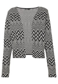 Svart och vit chevron-mönstrad cardigan med öppen front, långa ärmar, lätt material, kortad design, slät textur, avslappnad stil.