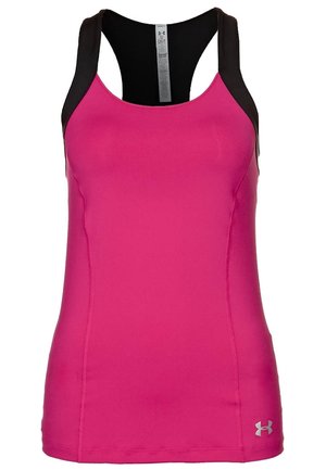 Damski sportowy top na ramiączkach w jaskrawym różu z czarnymi ramiączkami typu racerback i małym logo na dolnym lewym brzegu.