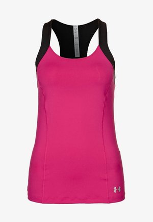 Damski sportowy top na ramiączkach w jaskrawym różu z czarnymi ramiączkami typu racerback i małym logo na dolnym lewym brzegu.