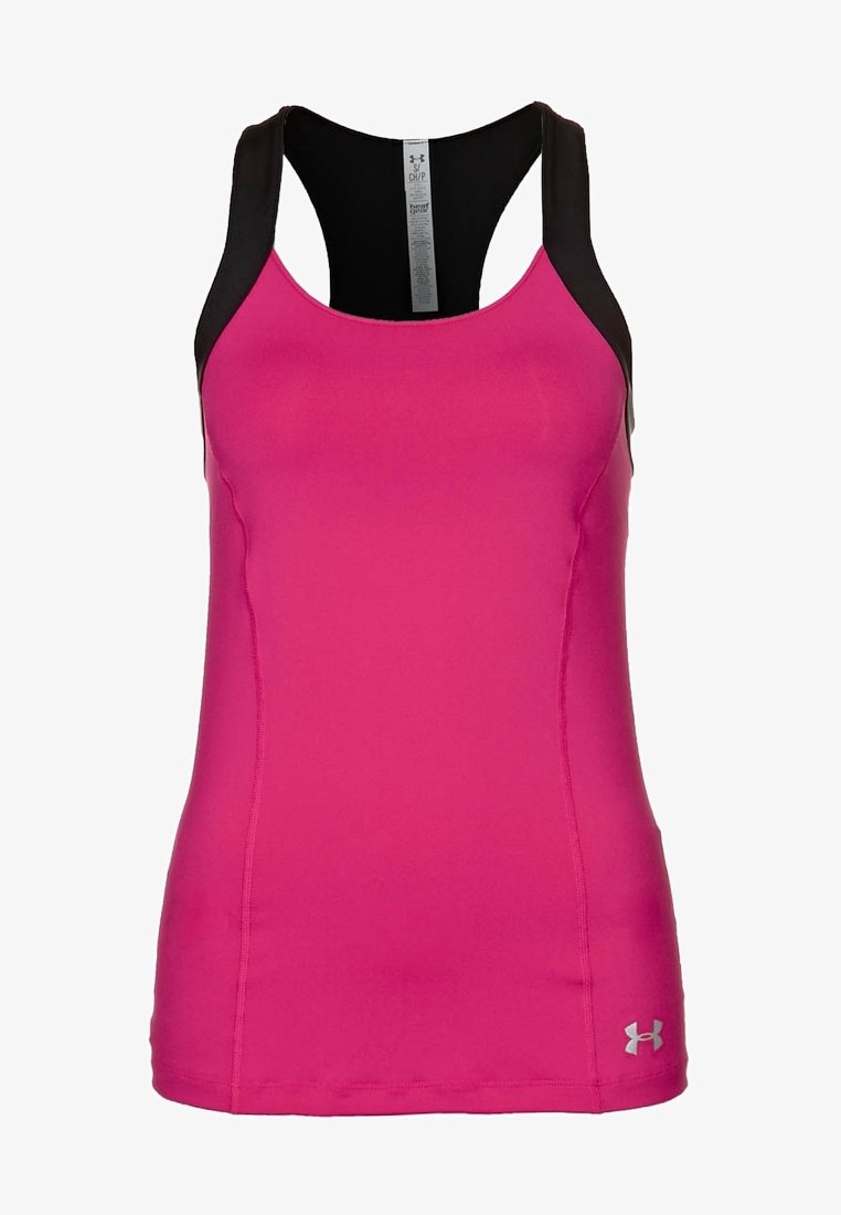 Débardeur de sport pour femme en rose vif avec bretelles dos nageur noires et petit logo sur l'ourlet inférieur gauche.