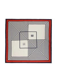Eșarfă din mătase cu un model geometric format din pătrate concentric în nuanțe de bleumarin, negru și alb, împodobită cu o margine roșie. Include accente cu logo.