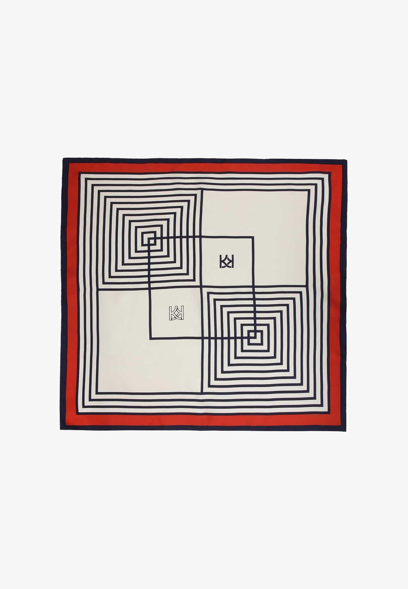 Svila šal z geometrijskim vzorcem gnezdenih kvadratov v mornarsko modri, črni in beli barvi, obdan z rdečo. Vključuje akcentne logotipe.