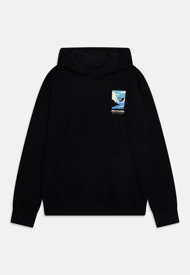 Zwarte hoodie met een voorste kangoeroe-pocket, voorzien van een kleine kleurrijke grafische print op de linkerkant van de borst en rib gebreide manchetten en onderkant. Zacht materiaal.