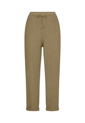 Pantaloni in lino khaki con vita elastica e coulisse, dotati di orli arrotolati e una vestibilità rilassata, progettati per comfort e traspirabilità.