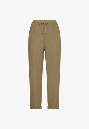 Khaki Leinenhose mit einem elastischen Bund und Kordelzug, ausgestattet mit umgeschlagenen Säumen und einer lockeren Passform, designed für Komfort und Atmungsaktivität.