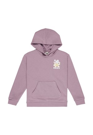Sweatshirt à capuche lilas en mélange de coton, doté d'une poche kangourou sur le devant et d'un logo floral blanc sur la poitrine.