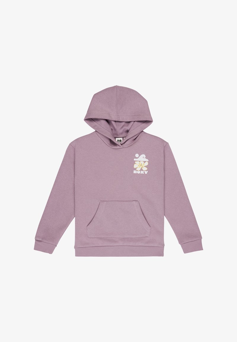 Felpa con cappuccio lilla realizzata in tessuto misto cotone, con una tasca a marsupio frontale e un logo floreale bianco sul petto.