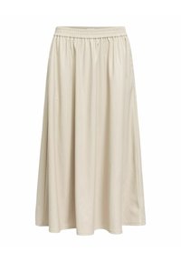 Jupe midi beige avec ceinture élastique, tissu fluide et finition lisse, présentée sur un fond blanc.