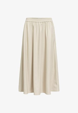 Gonna midi beige con cintura elastica, tessuto fluente e finitura liscia, mostrata su sfondo bianco.