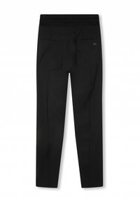 Schwarze Hose aus einem glatten, leichten Stoff, mit einem breiten elastischen Bund und zwei Gesäßtaschen. Gerade Beinform mit dezenten Nähten.