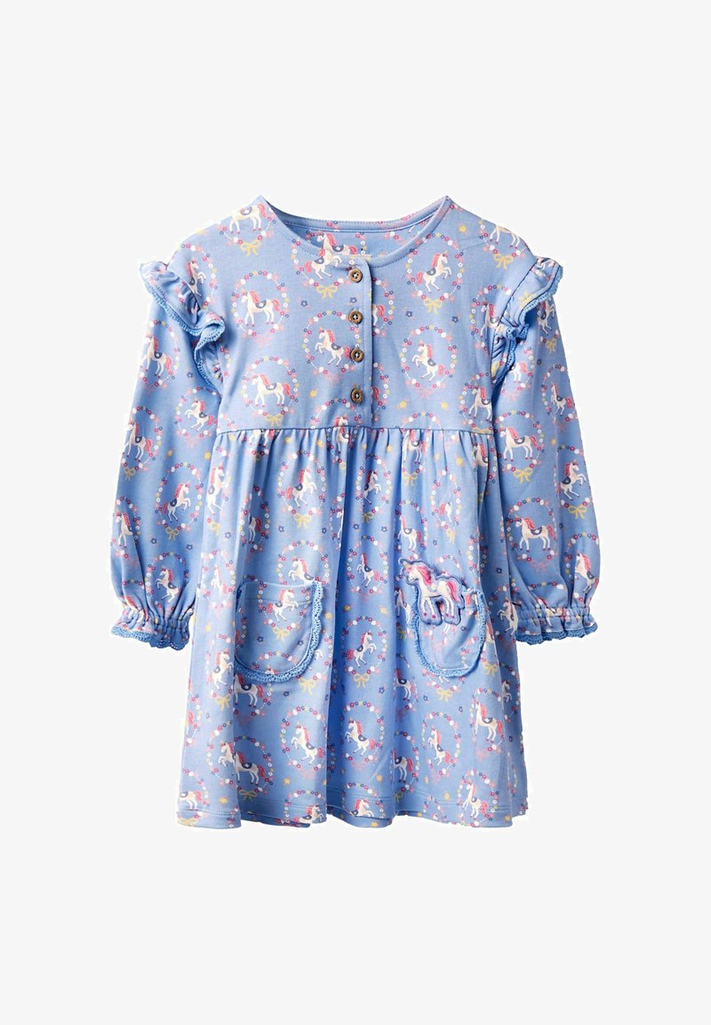 Blaues langärmliges Kleinkindkleid mit pinken und weißen Einhörnern, floralem Kranzmuster, Holzknöpfen, Rüschenschultern und zwei vorderen Taschen.