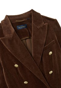 Bruine fluwelen double-breasted blazer met een reverskraag, goudkleurige knopen en een borstzak. Heeft een gladde binnenvoering.