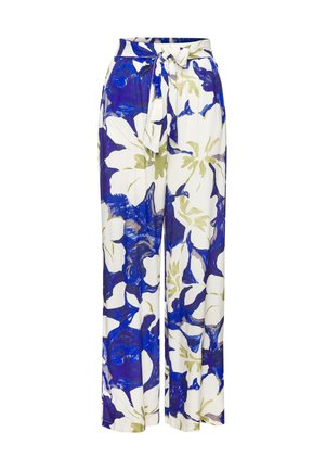 Weite Hose mit floralem Muster in Blau, Weiß und Grün, aus leichtem Stoff mit einer Bindegürtel-Detail an der Taille.