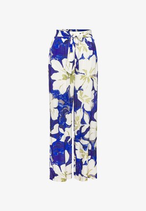 Pantalones de pierna ancha con un patrón floral en azul, blanco y verde, hechos de tela ligera con un detalle de lazo en la cintura.