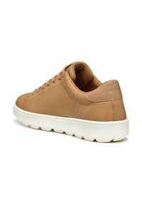 Baskets en cuir tan avec une texture lisse, semelle en caoutchouc blanche, bout rond et lacets. Logo embossé sur le talon en doré.