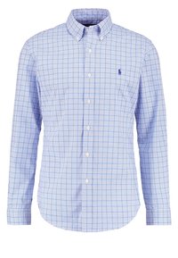 Blå- och vitrutigt button-down skjorta i bomull, med klassisk krage och långa ärmar med knappmanschetter, slim fit design.