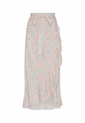 Jupe portefeuille midi bleu clair avec motif floral rose et bleu, ceinture à nouer à la taille et ourlet à volants. La jupe est présentée sur fond blanc.