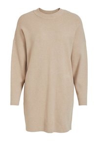 Abito maglione oversize beige con collo rotondo, spalle cadenti e maniche lunghe. Texture morbida, arriva a metà coscia.