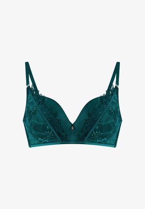 Emeraldgroene bh met een gladde satijnen basis en een intrigerend kanten overlay, in een v-vormig ontwerp, verstelbare banden en een centrale decoratieve accent.