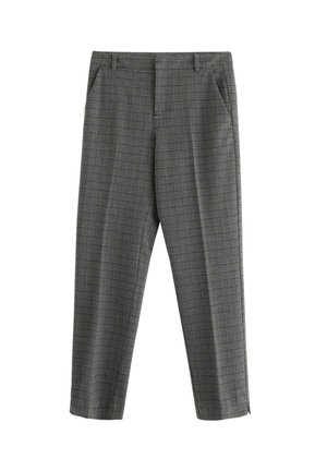 Harmaat ruudulliset slim-fit housut vyölenkeillä, etutaskuilla ja kevyesti kapenevalla lahkeella, esiteltynä valkoista taustaa vasten.