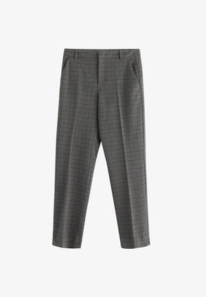 Pantaloni slim-fit a scacchi grigi con passanti per cintura, tasche frontali e un leggero taglio svasato, mostrati su uno sfondo bianco.