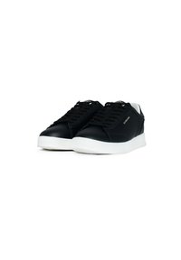 Black synthetic sneakers with a smooth finish, featuring a white rubber sole and black laces, designed with a rounded toe and minimal detailing.