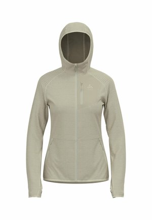 Leichte khakifarbene Kapuzenjacke mit einem Karomuster, vollem Reißverschluss und zwei Seitentaschen. Bietet eine glatte Textur und eine figurnahe Passform.