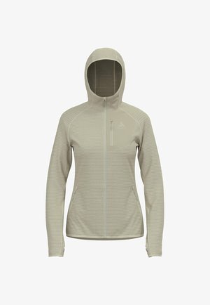 Giacca leggera khaki con cappuccio, presenta un motivo a reticolo, chiusura completa con zip e due tasche laterali. Caratterizzata da una superficie liscia e da un design aderente.