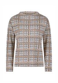 Langarmtop met een gestructureerd patroon in wit, bruin en zwart. Heeft een bootnek en een comfortabele pasvorm.