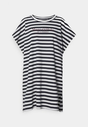 Gestreept katoenen T-shirt met marineblauwe en witte horizontale strepen, ronde halslijn, korte mouwen en een logo in kastanjebruin op de voorkant.