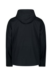 Zwarte capuchonjack met een gladde textuur, voorzien van een ontspannen pasvorm en geen zichtbare hardware of accenten op de achterkant.