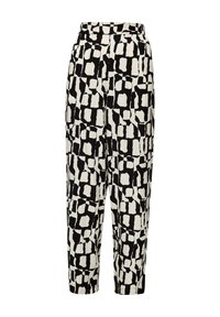 Pantalon noir et blanc à motifs avec un tissu lisse, présentant un design abstrait de formes variées et une coupe décontractée. Taille élastique.