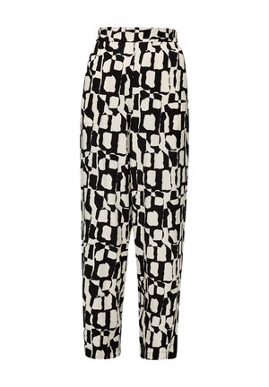 Pantalon noir et blanc à motifs avec un tissu lisse, présentant un design abstrait de formes variées et une coupe décontractée. Taille élastique.